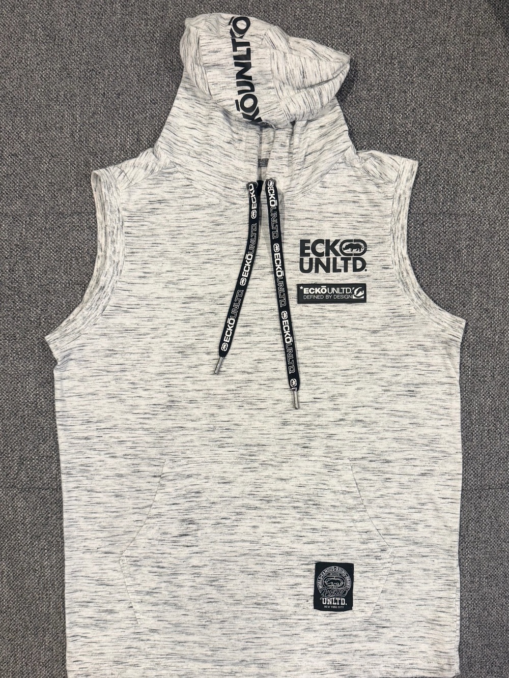 Ecko Unlimited Sleeveless Hoodie Vest in Light Heather Gray with Black Logo